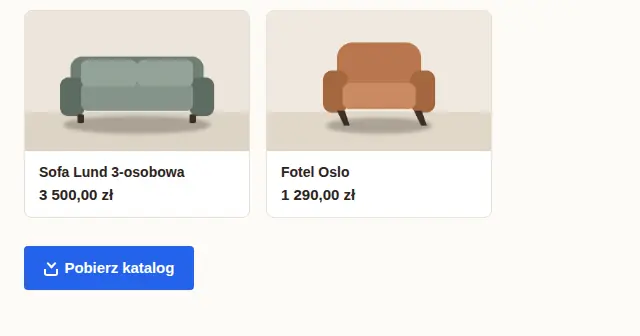 Strona kategorii Salon z dwoma produktami i przyciskiem Pobierz katalog pod nimi.