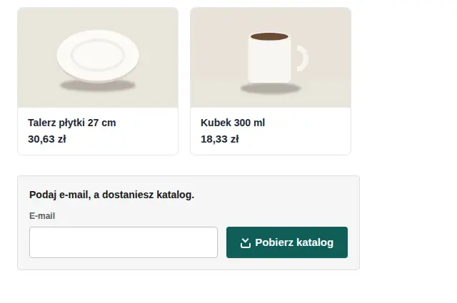 Formularz Podaj e-mail, a dostaniesz katalog z polem adresu i przyciskiem Pobierz katalog w sklepie z porcelaną.