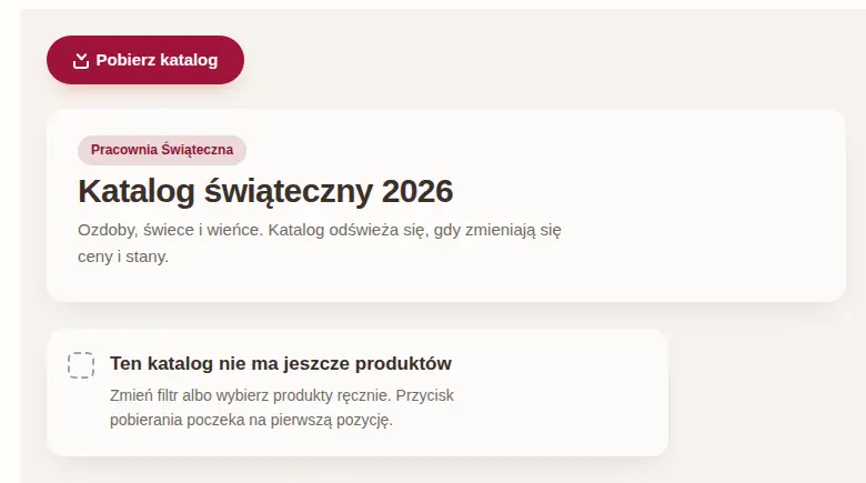 Okładka katalogu świątecznego i komunikat, że katalog nie ma jeszcze produktów.