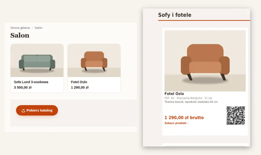 Kategoria Salon w sklepie z meblami z przyciskiem Pobierz katalog i obok strona pobranego pliku PDF z kartami fotela Oslo i pufy Mono.