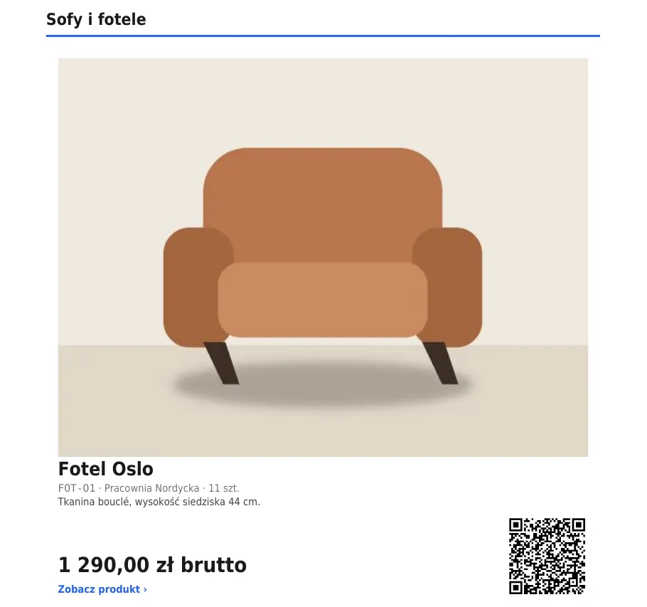 Strona PDF z siatką 1 produkt na stronę: fotel Oslo z dużym zdjęciem, kodem, stanem magazynu, ceną brutto, linkiem i kodem QR.