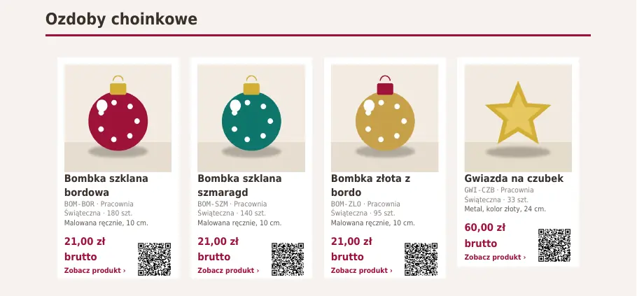 Strona PDF z siatką 4 w rzędzie: karty ozdób choinkowych, każda ze zdjęciem, ceną i kodem QR.