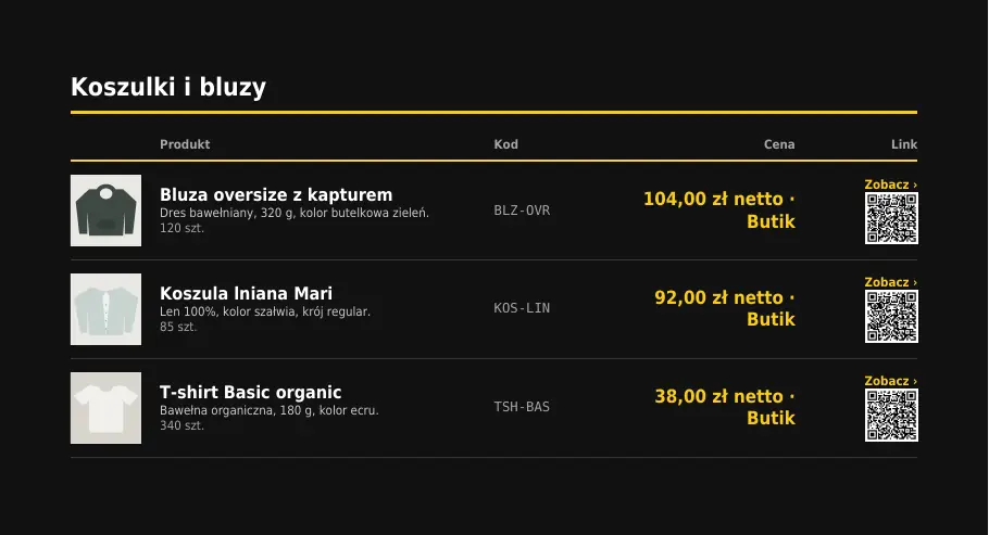 Strona PDF z linesheetem odzieży w wyglądzie Bold: tabela z miniaturą, kodem, ceną grupy Butik netto, linkiem i kodem QR.