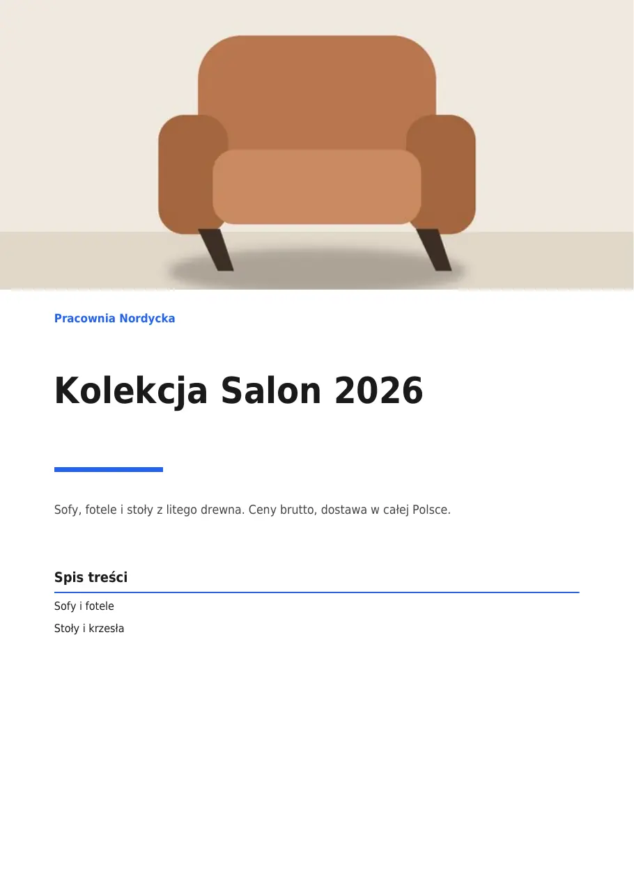 Okładka pliku PDF ze zdjęciem sofy, tytułem Kolekcja Salon 2026 i spisem treści z działami Sofy i fotele oraz Stoły i krzesła.