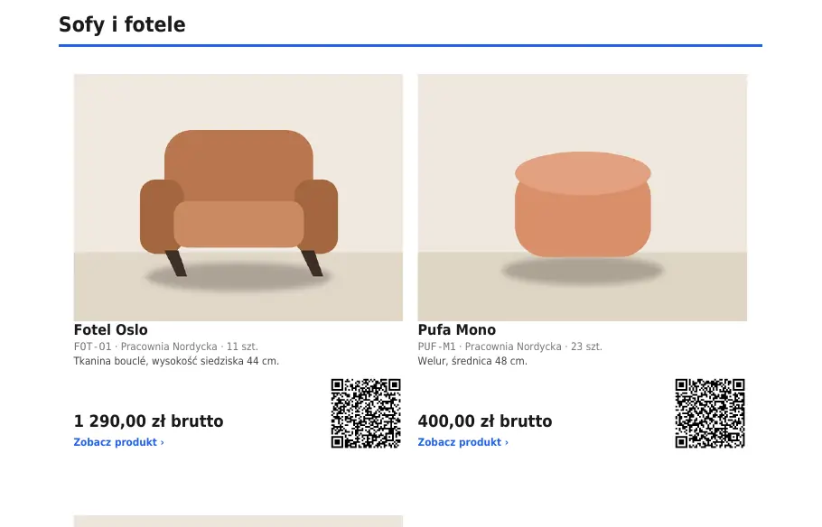 Strona pliku PDF w wyglądzie Clean: nagłówek działu Sofy i fotele, karty fotela Oslo i pufy Mono ze zdjęciem, kodem, stanem, ceną brutto, linkiem i kodem QR.