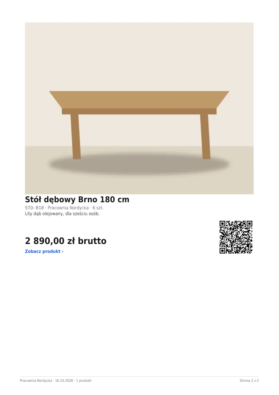 Karta PDF jednego produktu: stół dębowy Brno 180 cm ze zdjęciem, ceną brutto, linkiem i kodem QR.