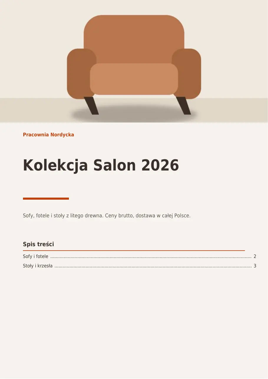 Okładka pliku PDF Kolekcja Salon 2026 w wyglądzie Soft: zdjęcie sofy na całą szerokość, duży tytuł, tekst sklepu i spis treści z dwoma działami i numerami stron.