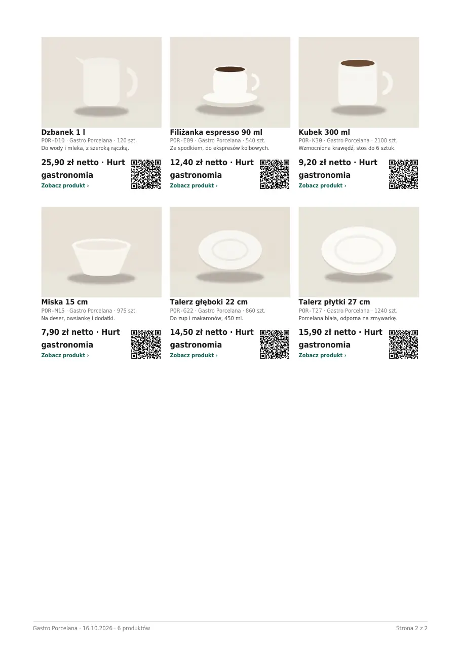 Strona PDF z siatką 3 w rzędzie: sześć kart porcelany z cenami netto grupy Hurt gastronomia.