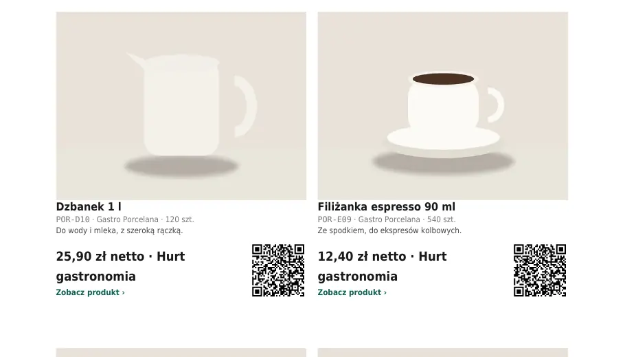 Te same karty w PDF z cenami netto grupy Hurt gastronomia, na przykład 25,90 zł za dzbanek.