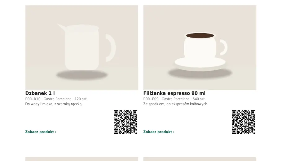 Strona PDF z kartami porcelany bez cen: nazwa, kod, stan magazynu, link i kod QR.