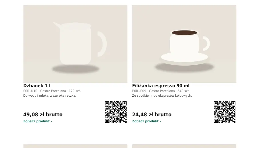 Strona PDF z kartami porcelany i cenami detalicznymi brutto, na przykład 49,08 zł za dzbanek.