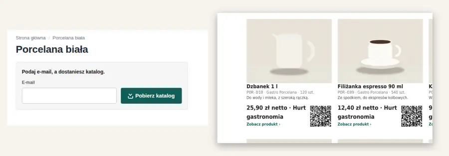 Kategoria Porcelana biała w hurtowni Gastro Porcelana: formularz z polem e-mail i przyciskiem Pobierz katalog, a obok strona pobranego PDF z kartami porcelany i cenami netto grupy Hurt gastronomia.