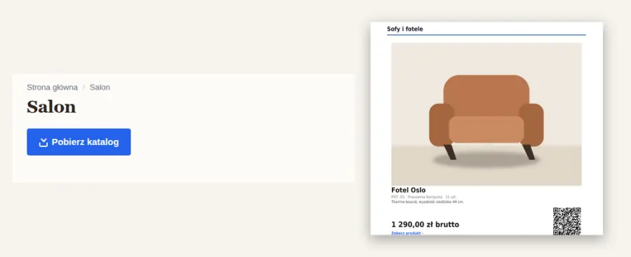 Kategoria Salon w sklepie z meblami z przyciskiem Pobierz katalog i obok strona PDF z kartą fotela Oslo na całą szerokość, ceną 1 290,00 zł brutto i kodem QR.