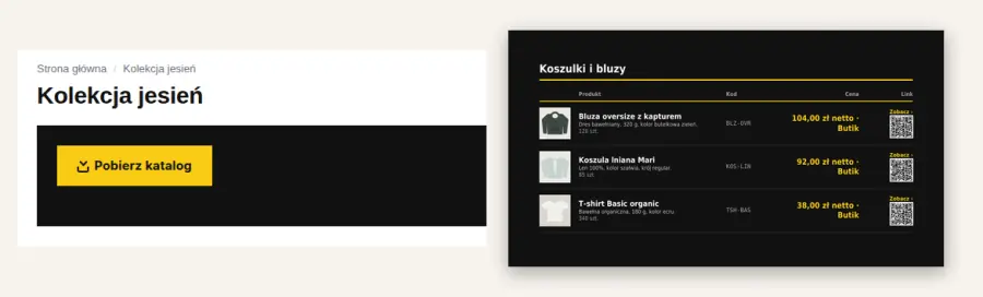 Kolekcja jesień w sklepie z odzieżą z żółtym przyciskiem Pobierz katalog i obok strona PDF z czarnym linesheetem: kody, ceny grupy Butik netto i kody QR.