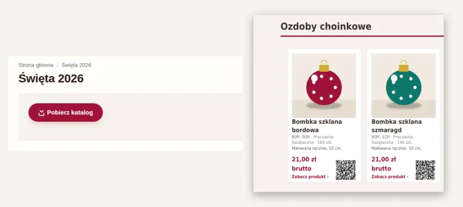 Strona Święta 2026 w sklepie z dekoracjami z bordowym przyciskiem Pobierz katalog i obok strona PDF z kartami bombek i cenami brutto.